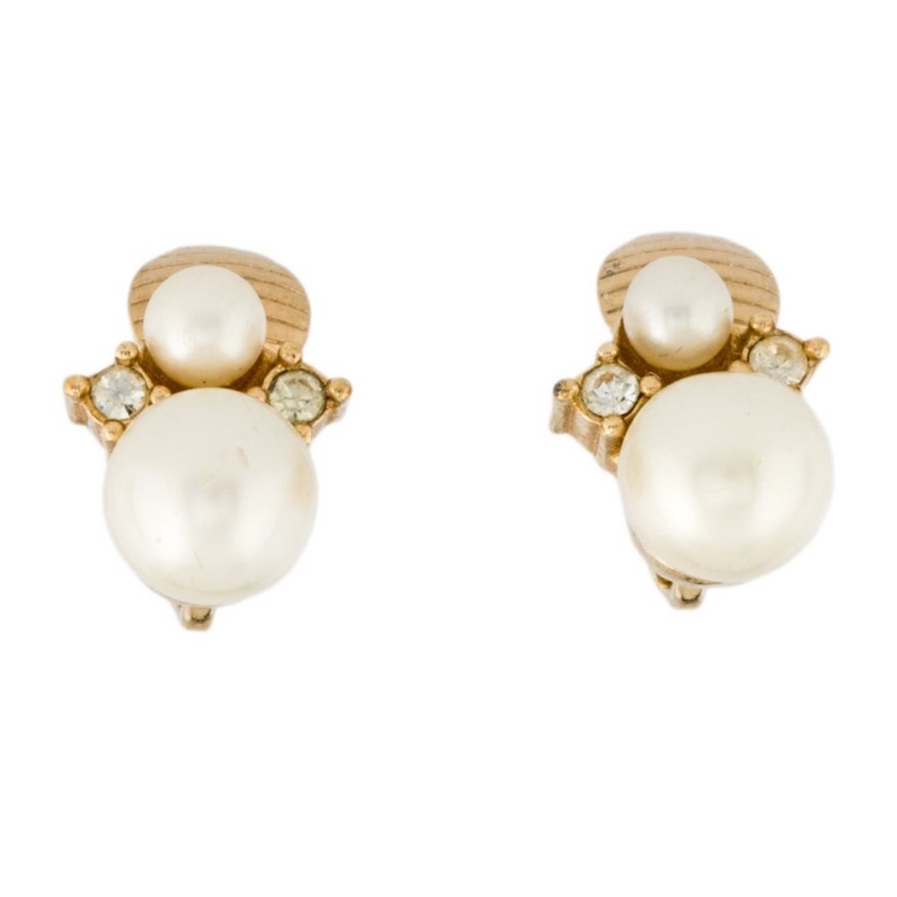 Christian Dior Pearl, Crystal, Gold Clip-On Earrings